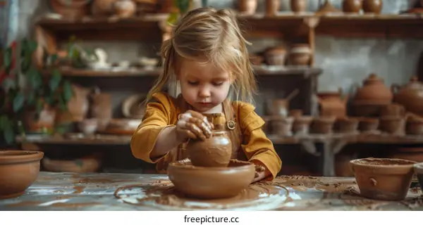Little girl making a clay pot on a pottery wheel
