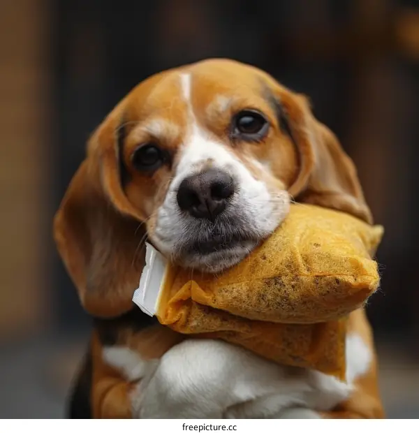 A Cute Beagle Dog Happily Holding a Yellow Cloth