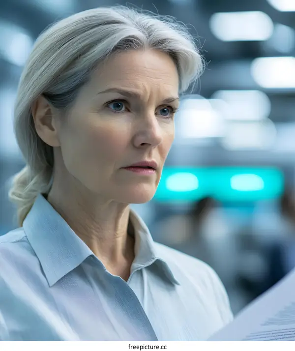 Close Up Portrait of a Worried Business Woman Reading Paper