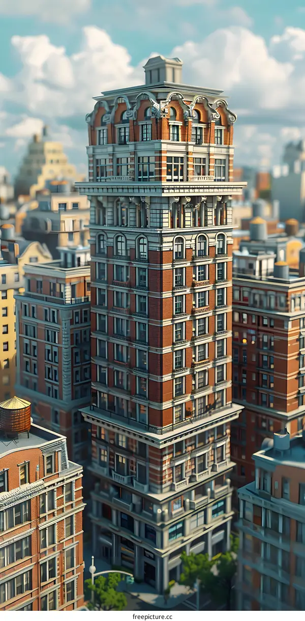 A tall residential building stands in the middle of a big city with many other tall buildings