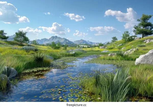Tranquil River Flowing Through Serene Grassland