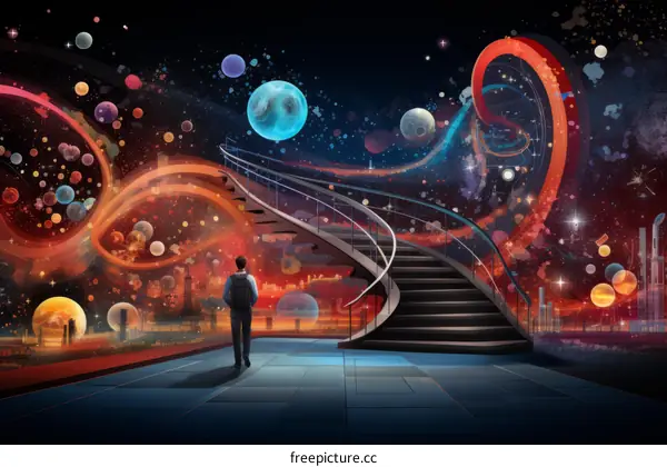 A Person Ascending Staircase to Stars in Space
