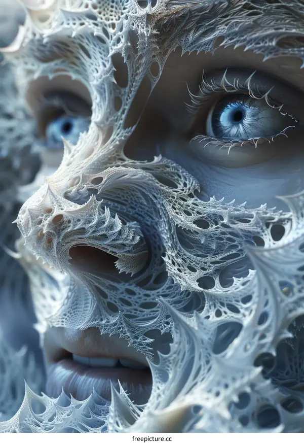 A woman's face is covered in intricate white crystals.