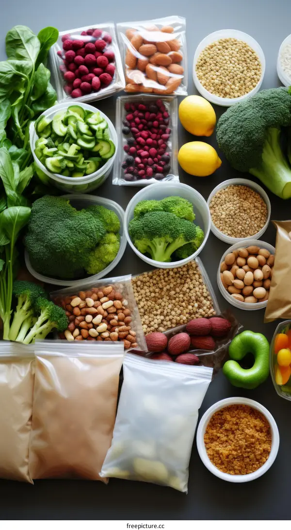 A variety of healthy food including fruits, vegetables, and grains