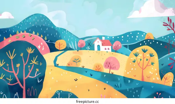 Colorful Illustration of a Small House in a Hilly Landscape