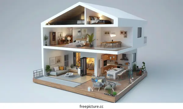 3D rendering of a two-story house with a modern interior