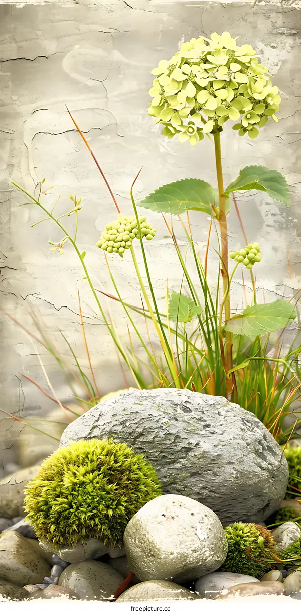 Vintage Floral Arrangement with Stone and Moss