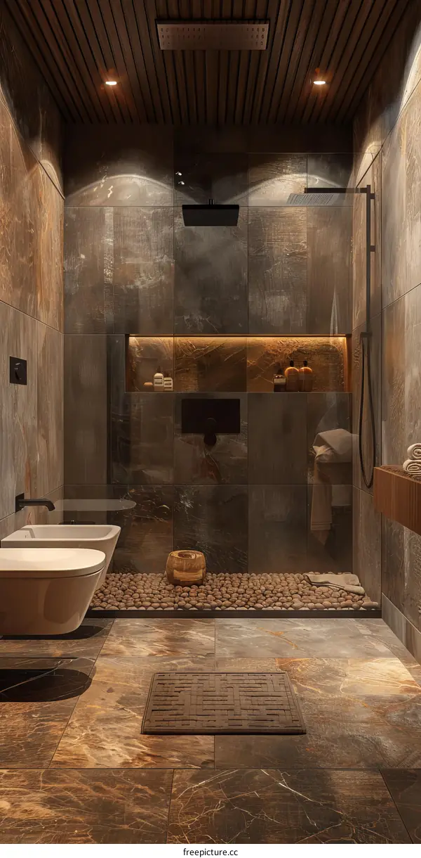 Luxury bathroom interior with dark marble tiles and stone floor