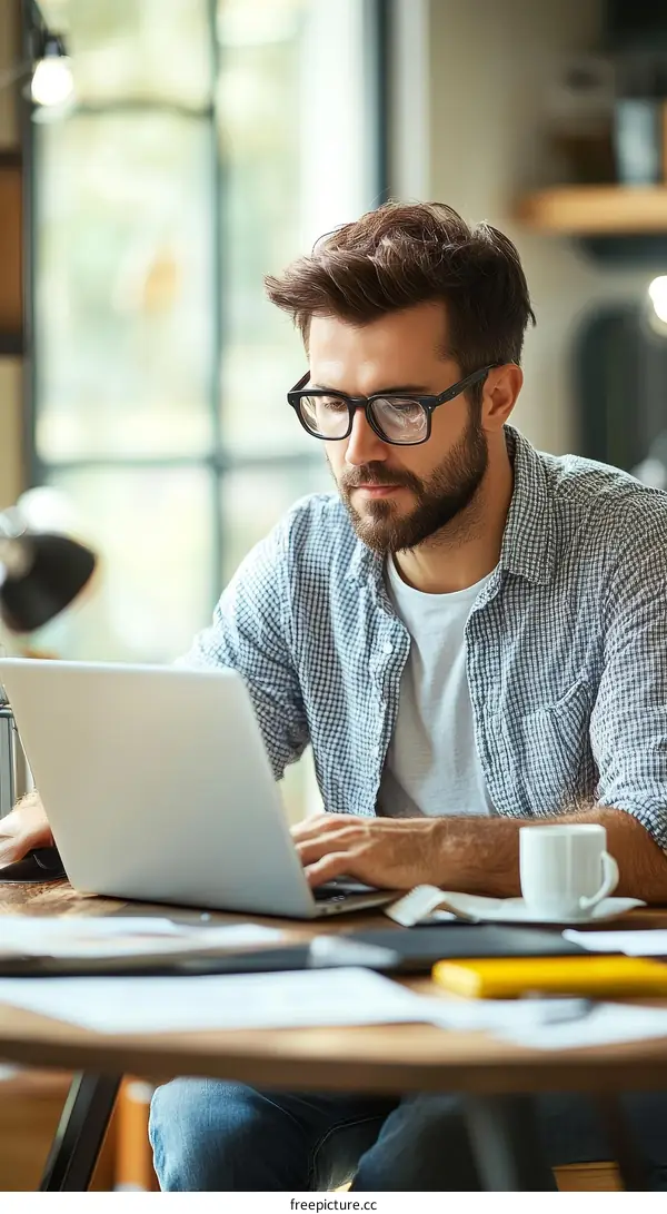 Focused Man Working on Laptop in a Casual Cafe Setting