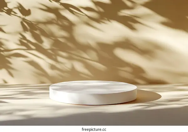 Empty White Round Display Podium with Natural Light and Shadows