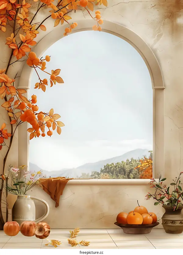 Autumn Window View With Stone Archway