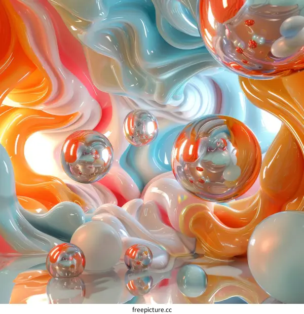 Colorful 3D Rendering of a Surreal Landscape with Floating Spheres