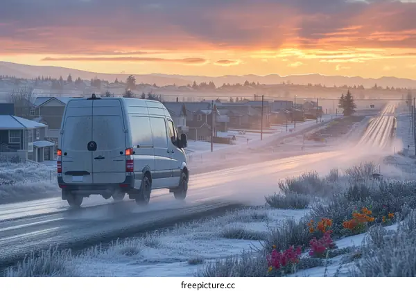 White van driving on snowy road in suburban neighborhood