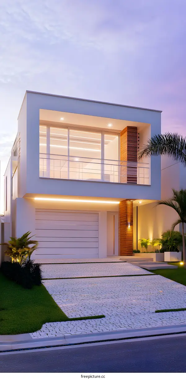 Modern White House Exterior Design with Wooden Accents and Stone Driveway