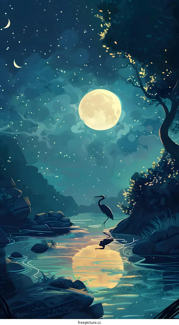 Night Sky with Full Moon and Heron Standing on Rocks