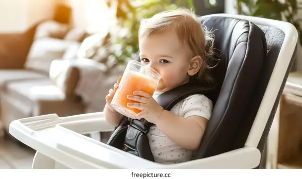 Baby Girl Drinking Juice in High Chair