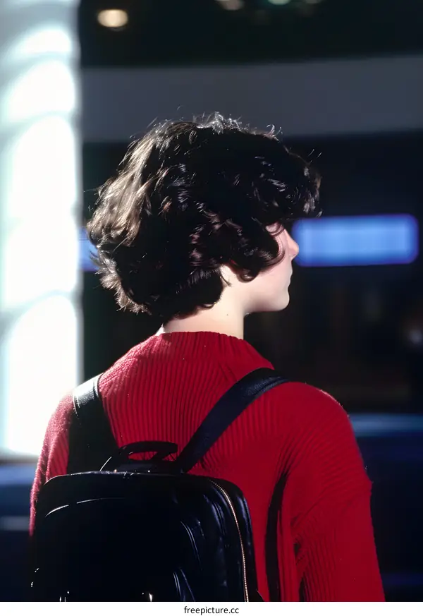 Backpack and Red Sweater Young Woman Walking