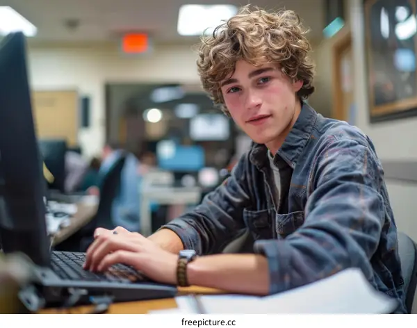 Young male student working on a laptop computer