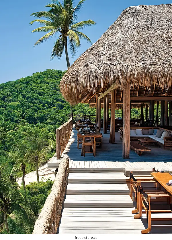Tropical Island Deck With Palm Tree And Lush Vegetation