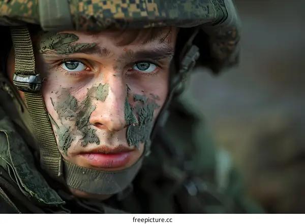 Closeup Portrait of a Young Soldier with Camouflage Makeup