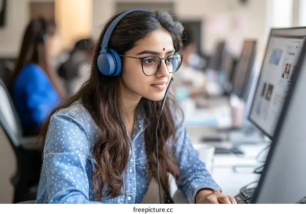 Indian Woman Customer Service Representative Working on Computer