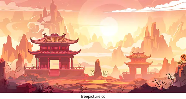 Chinese Temple Illustration in the Mountains