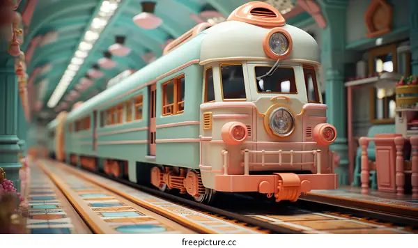 A pink and blue retro train is in a station
