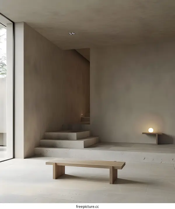 Minimalist Interior Design with a Wooden Bench and Staircase