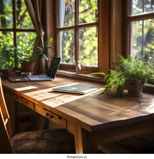 A wooden desk with a laptop and a plant on it in front of a window