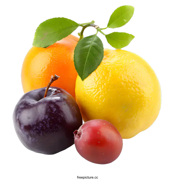 [Transparent Background PNG]Fresh Fruit Still Life with Orange Lemon and Plum
