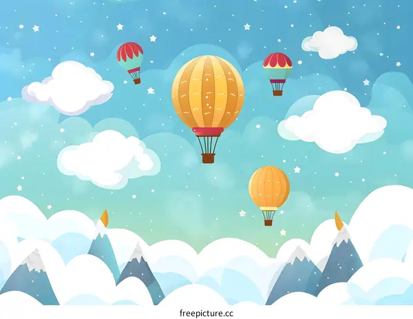 Cute Cartoon Hot Air Balloons Fly Above Snowy Mountains