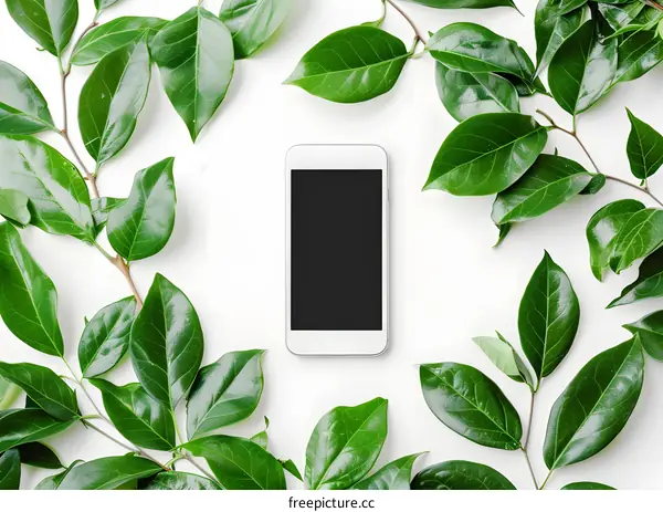 Smartphone Mockup with Green Leaves on White Background
