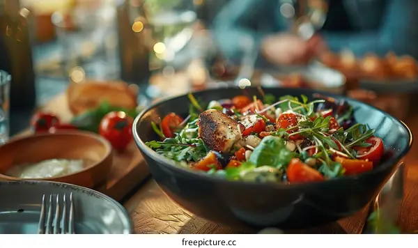 Delicious and healthy salad with fresh vegetables and grilled chicken