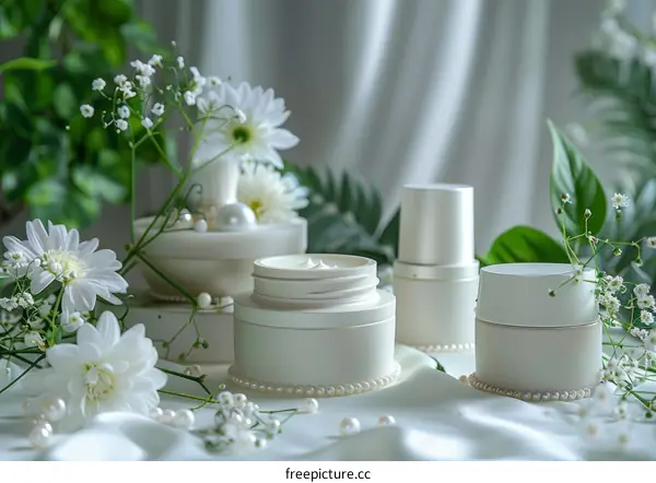 White cosmetic bottles with pearls and white flowers