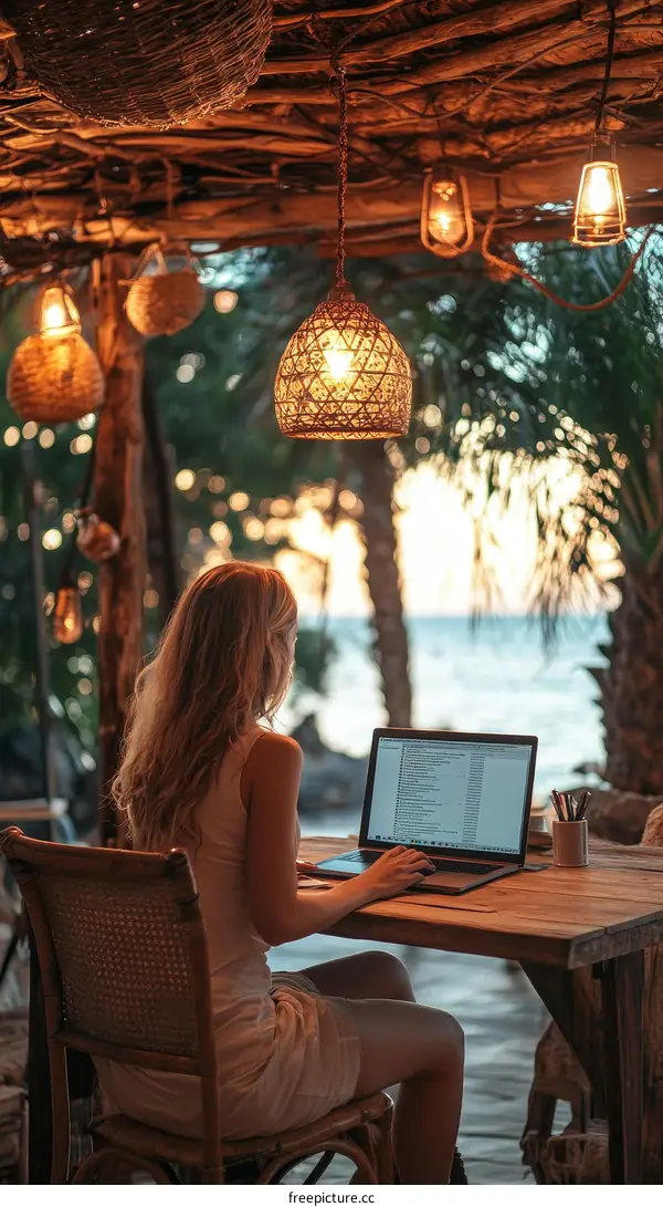 Woman Working on Laptop at Beachside Cafe