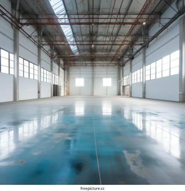Large Empty Industrial Building Interior with Blue Glossy Floor