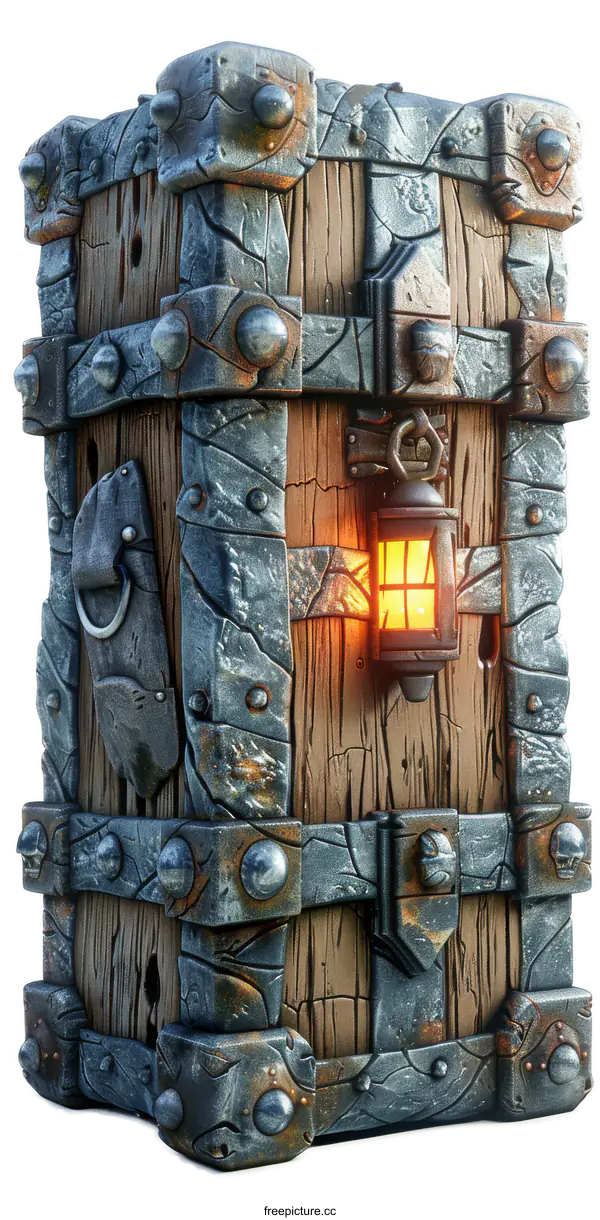[Transparent Background PNG]Old Wooden Chest With Iron Details and Lantern