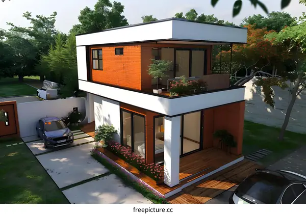 Modern Two Story House with Balcony and Brick Exterior