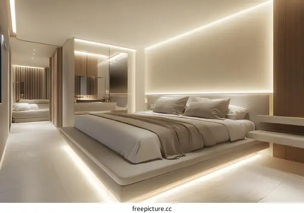 Minimalist Bedroom Interior Design with Modern Lighting and Wooden Elements