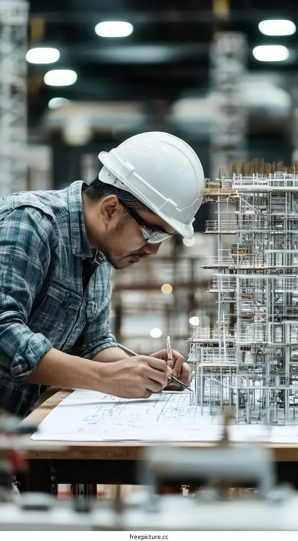Asian Engineer Working on Blueprint and Model of Oil Rig
