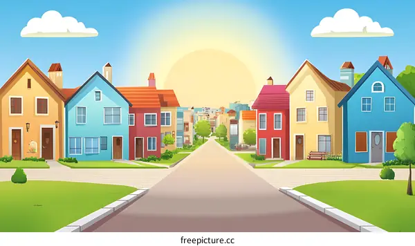 Cartoon Illustration of a Colorful Suburb Street