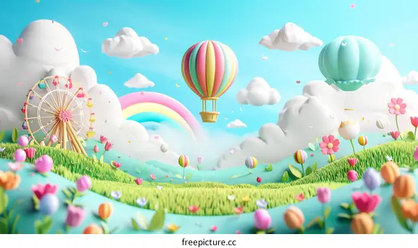 Whimsical 3D rendering of a pastel-colored landscape with hot air balloons and a rainbow