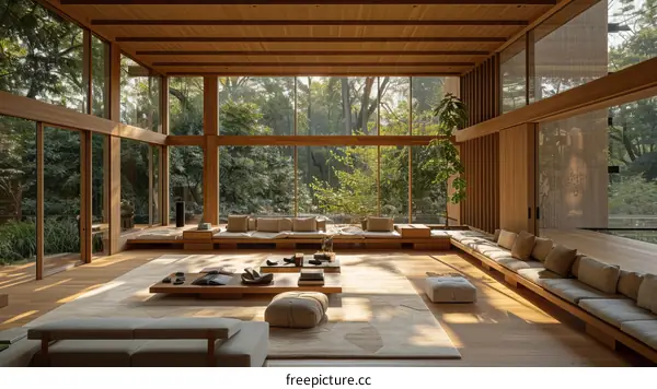 A wooden house with a large glass window looking out onto a forest