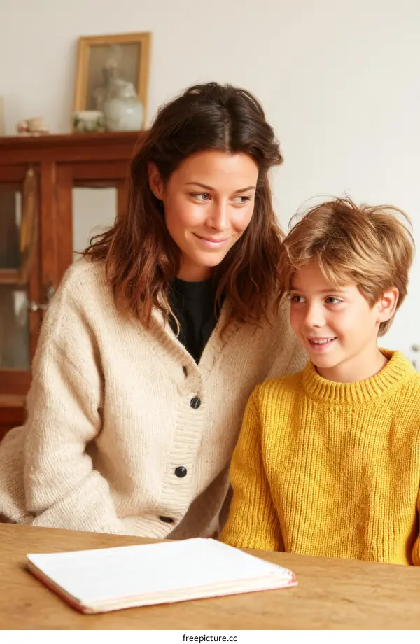 Mother and Child Studying Together at Home
