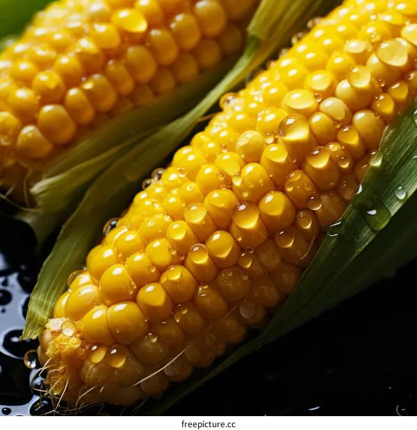 Close-up of fresh corn on the cob with water drops