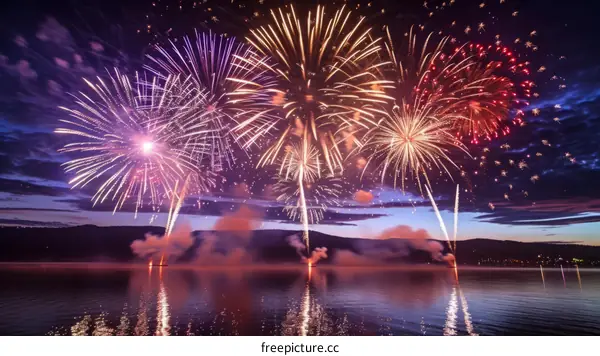 Fireworks light up the sky over a lake at night