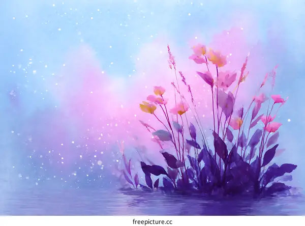 Watercolor Painting of Blooming Flowers and Plants by the Water
