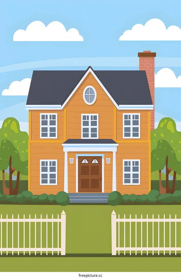 Cartoon Illustration of a Yellow House with White Fence