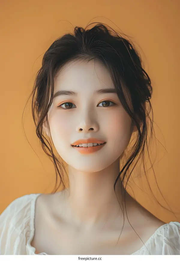 Portrait of Young Asian Woman with Long Brown Hair Smiling