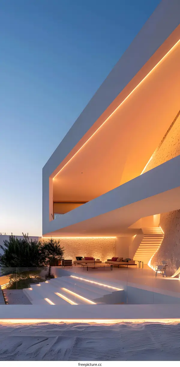 Modern White Architecture House with Lighting Design at Night